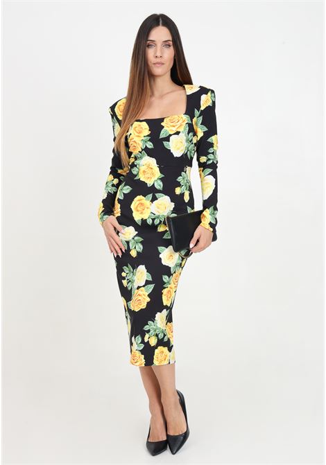 Abito midi nero da donna con fantasia Yellow Rose SHIT | SH2425049YELLOW ROSE